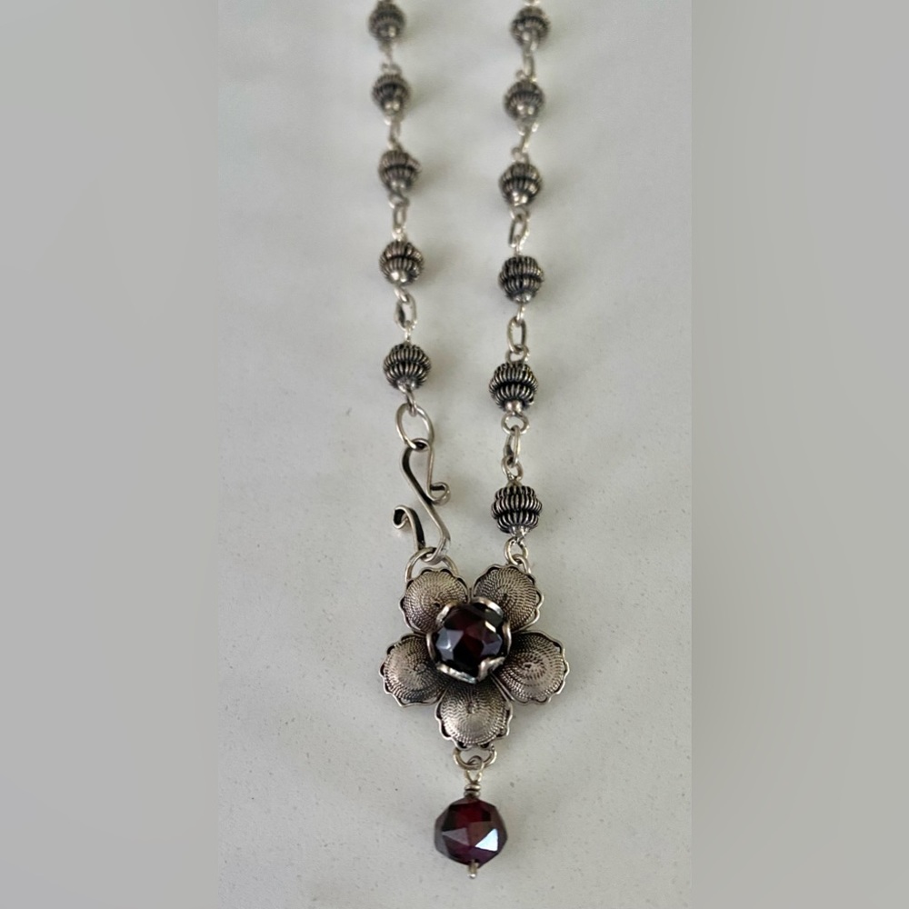 Garnet Crystal Necklace with Sterling 925 Hand Made Filigree Beads Pendant 18”